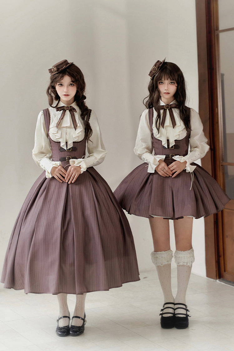 Brown [Manchester City's Past] Striped Print Breast Support Short Version Sweet Lolita Dress