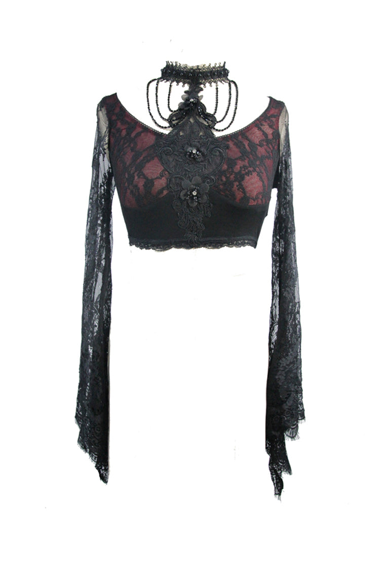 Schwarzes, superkurzes, durchbrochenes Sonnenschutz-Langarm-Gothic-Shirt für Damen