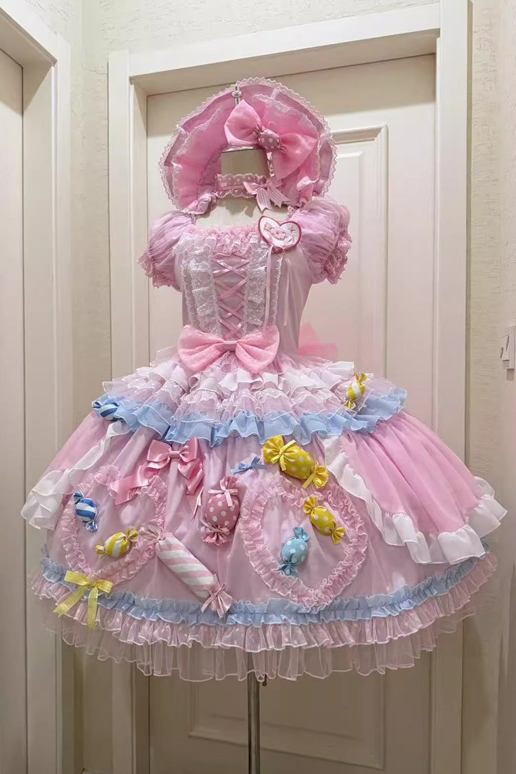 Pink [Candy Party] Short Sleeves Multi-Layered Ruffled Bow Lace Lace-Up Sweet Lolita Dress
