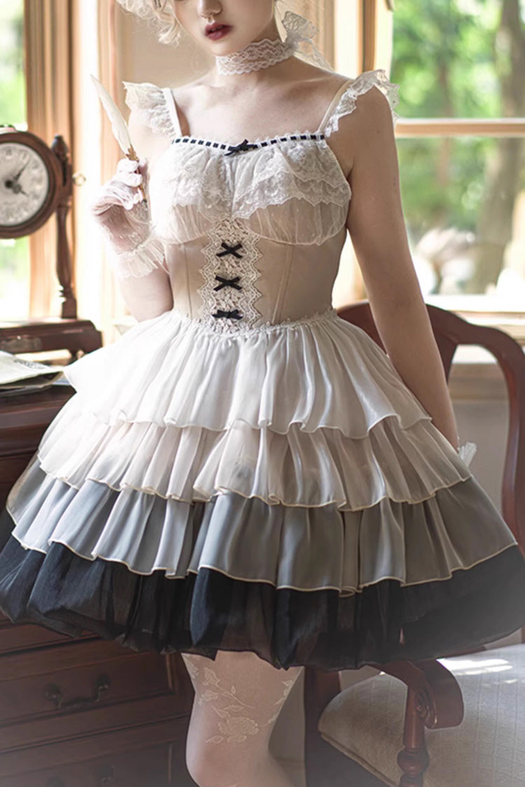 Multi-Color Paris Sunset Waist Fishbone Small Flying Sleeves Tiered Ruffle Sweet Lolita JSK Dress