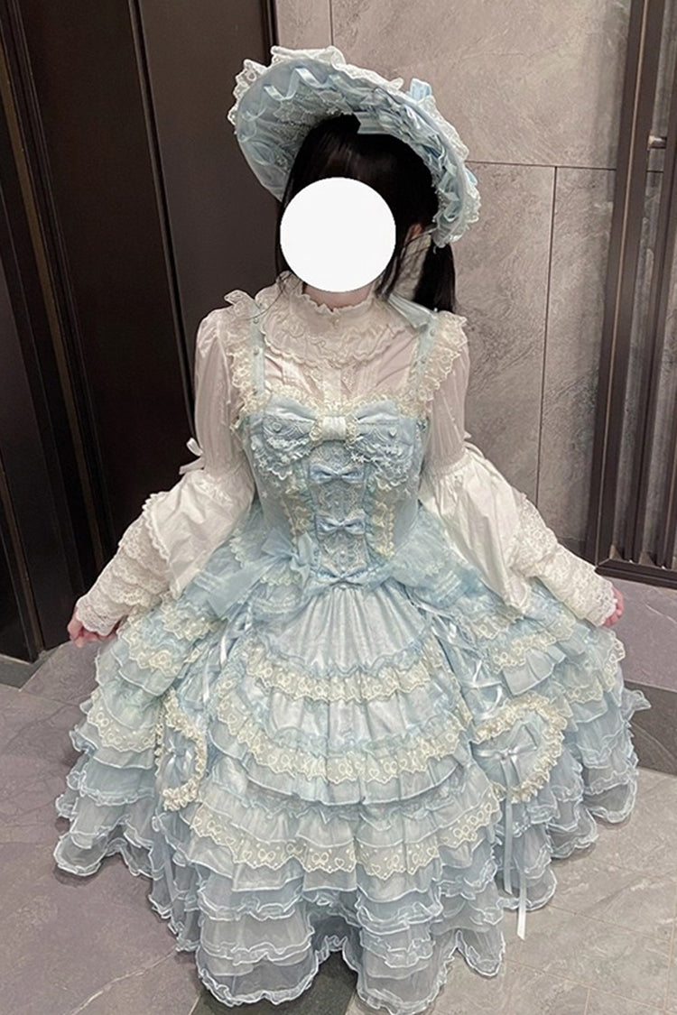 Robe Jsk Sweet Lolita en dentelle à nœud papillon broderie Hanayome à volants multicouches bleu [Sweetheart Diary] 