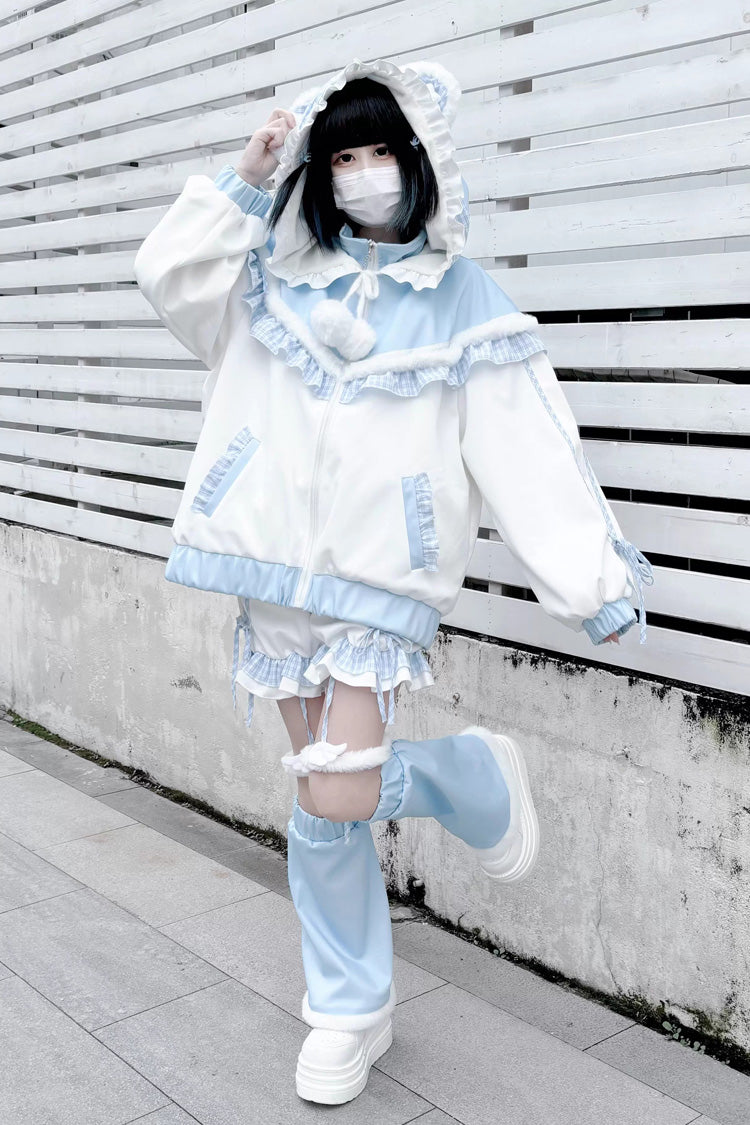 White/Blue [Sweet Star Bear] Long Sleeves Ruffle Hooded Japanese Jirai Kei Sports Coat