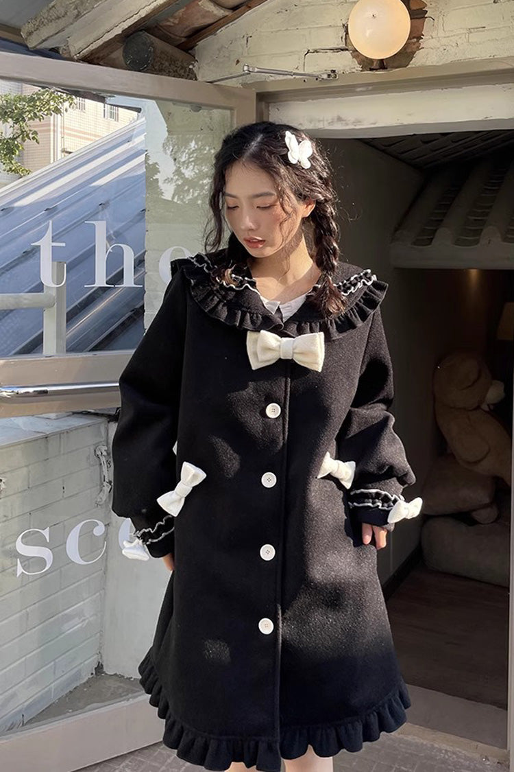 Black [Bouquet Bear] Doll Collar Long Sleeves Ruffle Bowknot Princess Lolita Coat