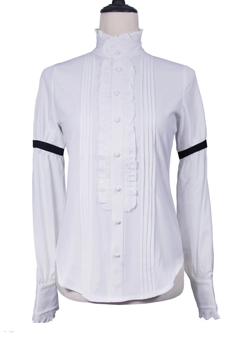 White [Eternal Rose Knight] Stand Collar Long Sleeves Ruffle Vintage Elegant Prince Handsome Lolita Blouse