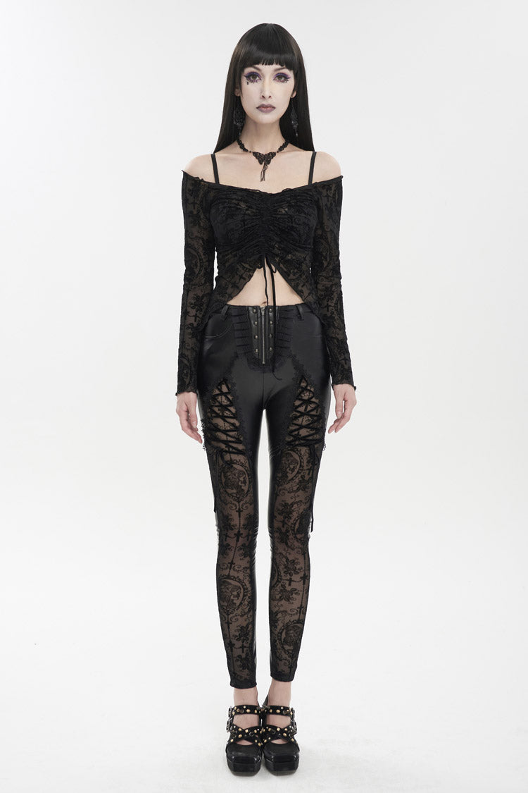 Black Flocked Stretch Slim Thigh Lace String Adjustable Women's Gothic Leggings