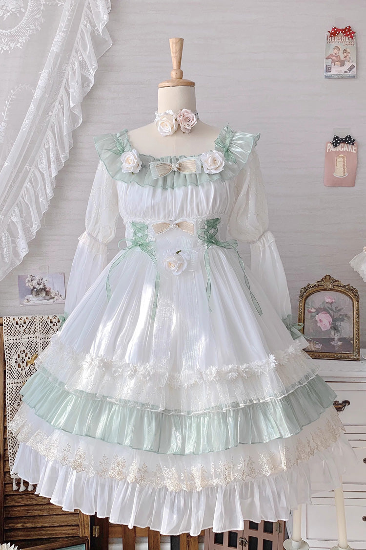 Green [Spring of Boliya] Long Sleeves Multi-Layered Ruffle Bowknot Lace Lace-Up Sweet Princess Lolita Dress