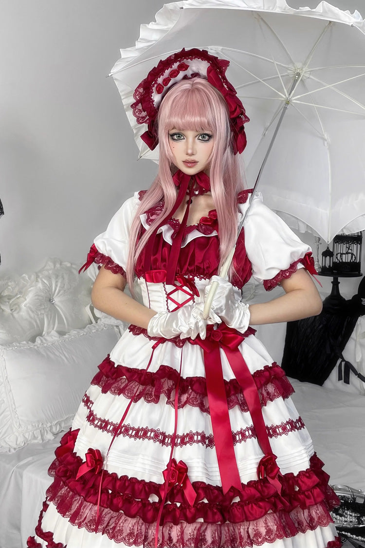 Blanc/Rouge [Velours Rouge Superposé] Manches Courtes Volants Nœud Papillon Dentelle Robe Sweet Lolita 