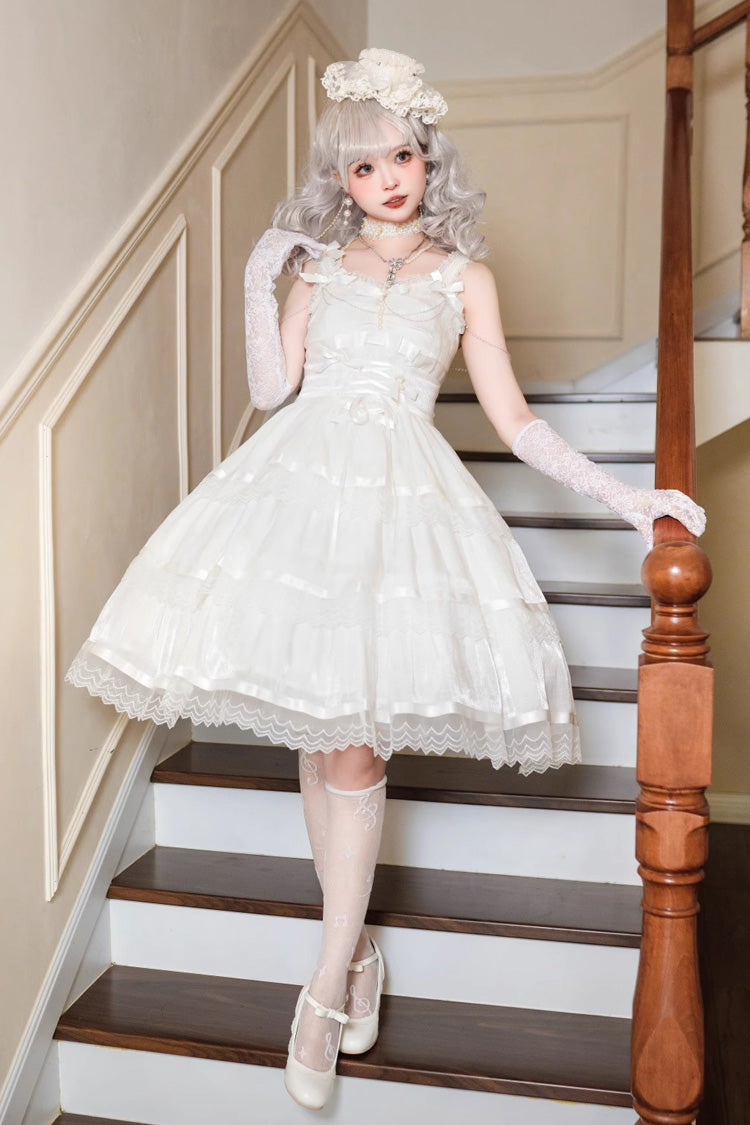 White Sleeveless Multi-layer Ruffle Bowknot Sweet Princess Lolita Jsk Dress