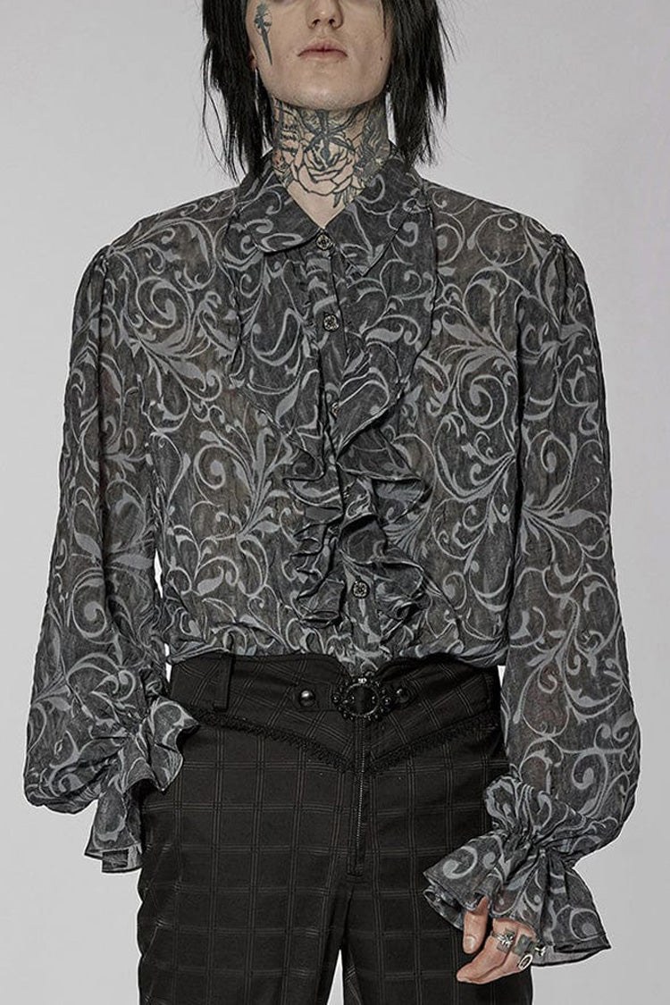 Graues Punk-Chiffon-Rüschen-Stehkragen, breite Krempe, Laternenärmel, Retro-Reliefskulptur-Prägung, Herrenhemd