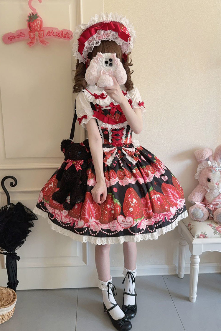 [Süße Beeren Geschichte] Erdbeerprint Rüschen Schleife Spitze Süßes Lolita Jsk Kleid 4 Farben 