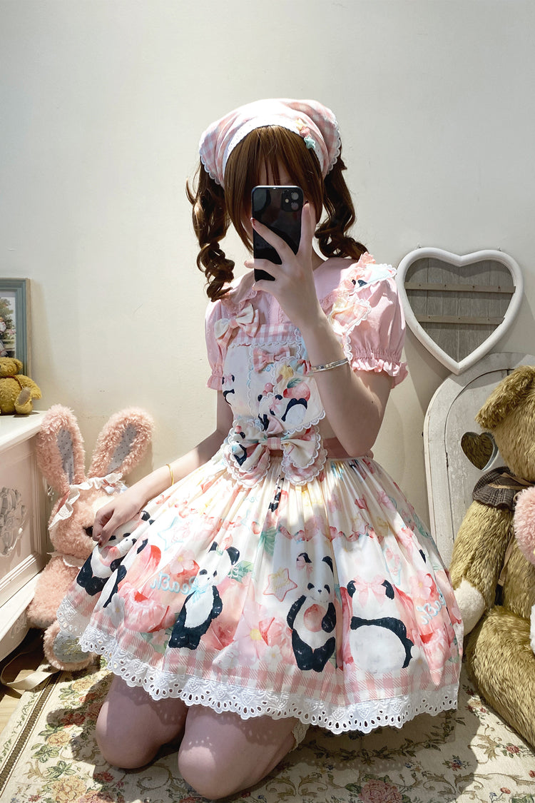 Panda Peach Print Bowknot Sweet Lolita Strap Dress 3 Colors