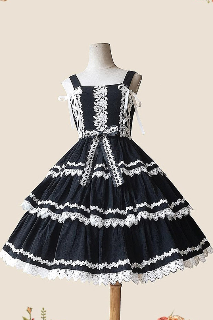 Black/White Three-section Cake Sleeveless Ribbon Sweet Lolita Tiered Dress