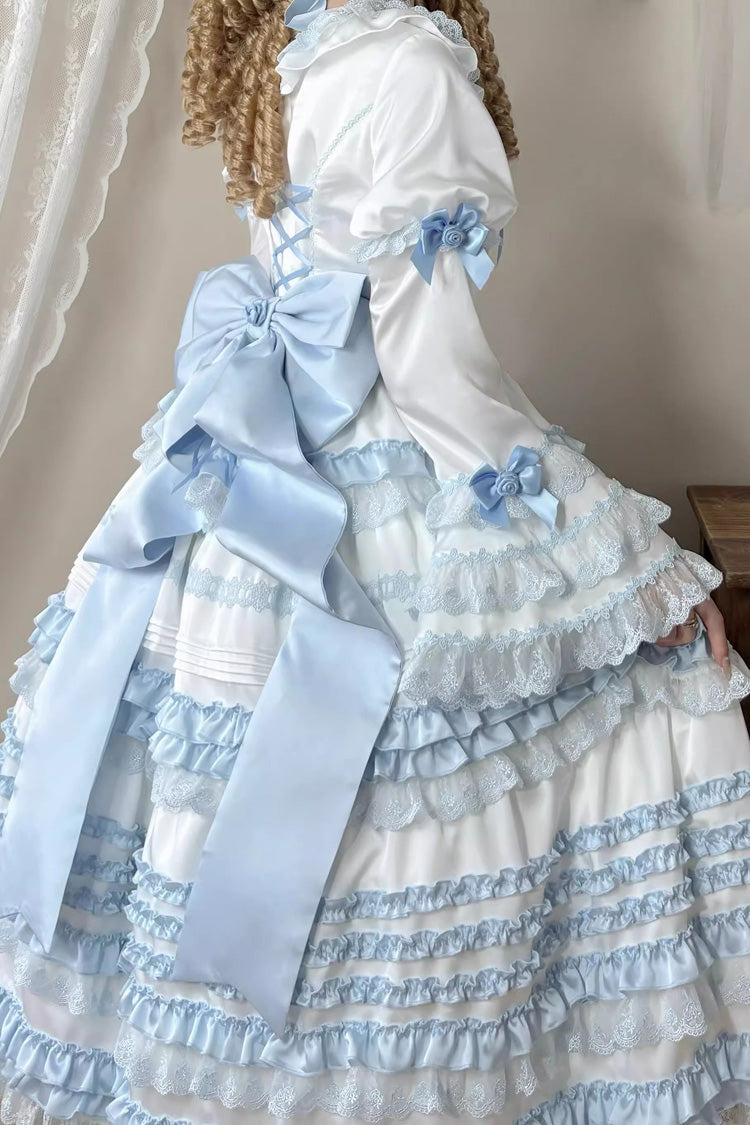 Robe Sweet Lolita à manches courtes avec nœud en dentelle et volants, couleur blanc/bleu [glace au sel de mer en couches] 