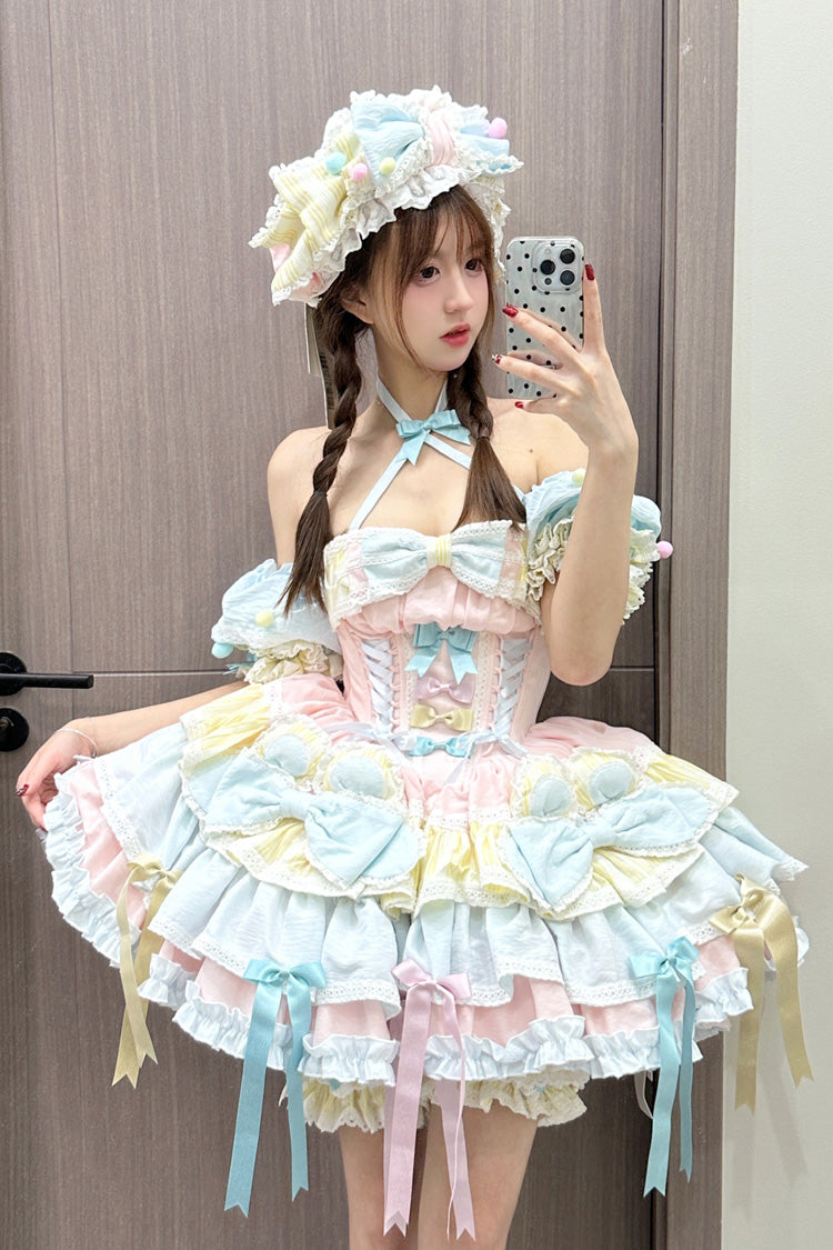 Multi-Color [Ribbon Dance] Multi-Layered Ruffle Bowknot Lace-Up Sweet Princess Lolita Dress