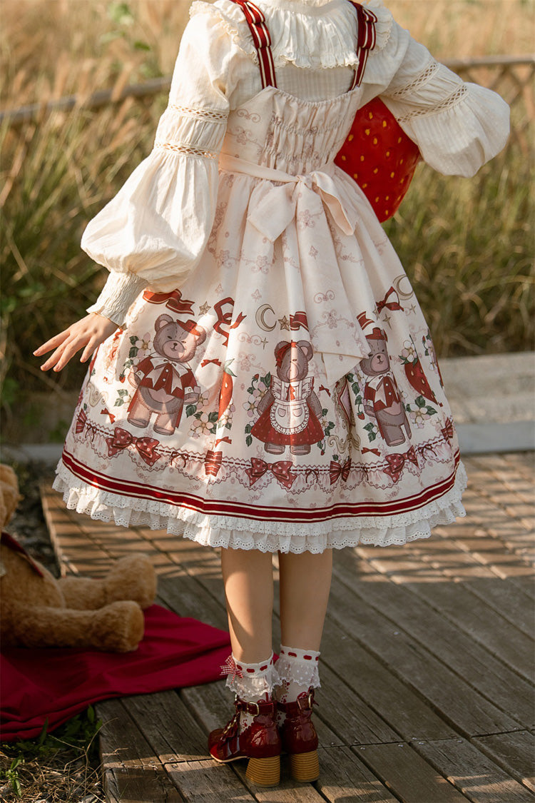 Ivory/Red Strawberry Bear Print Ruffle Bowknot Sweet Princess Lolita Jsk Dress