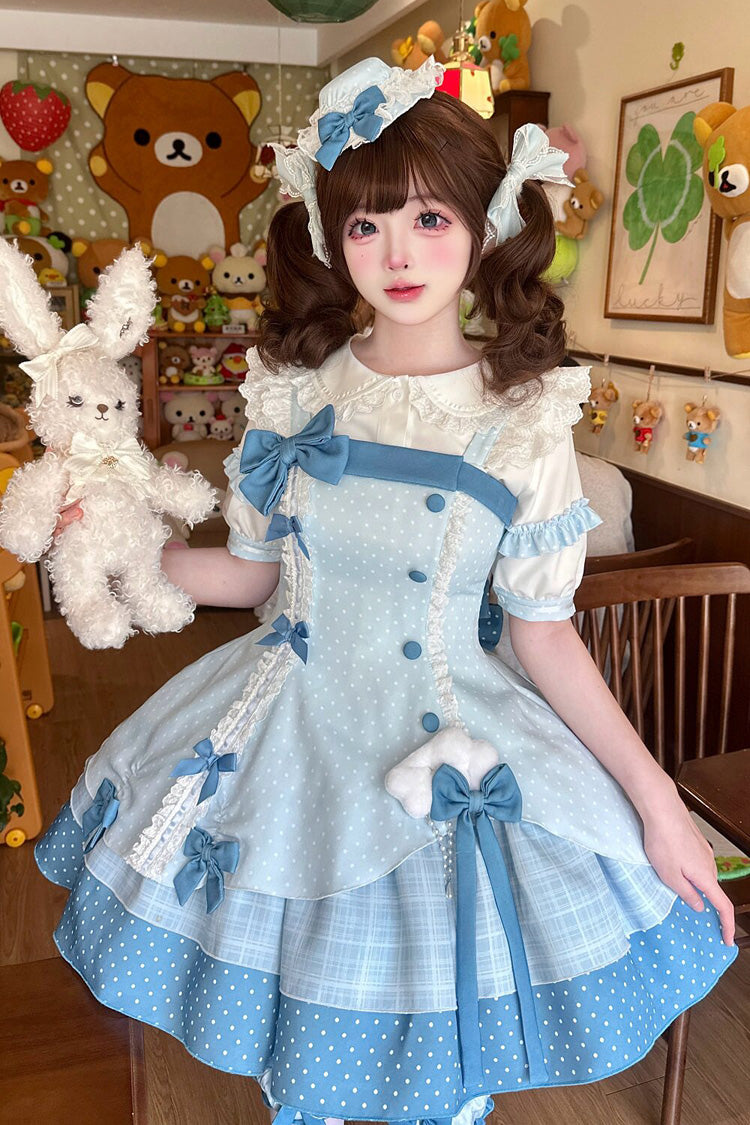 Robe bleue [bouteille en verre] col carré sans manches, triple couche imprimée, nœud à volants asymétrique, robe Lolita Jsk douce