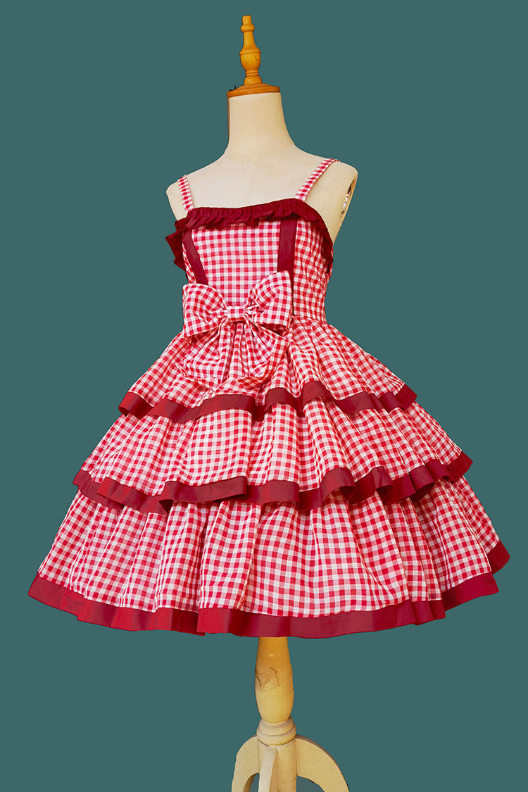 Red [Cloth Cat] Triple-Layered Plaid Print Ruffle Bowknot Sweet Lolita Dress