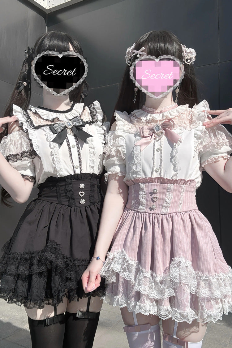 Jirai Kei Sweet Double-Layered Jacquard Ruffled Lace Japanese Skirt Set 2 Colors