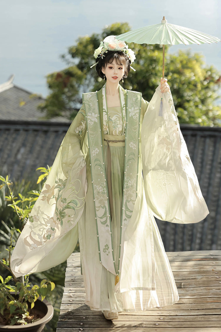 Green [Silent Spring Mountains] Song Dynasty Ruffle Elaborate Embroidery Sweet Chinese Style Hanfu Dress Full Set
