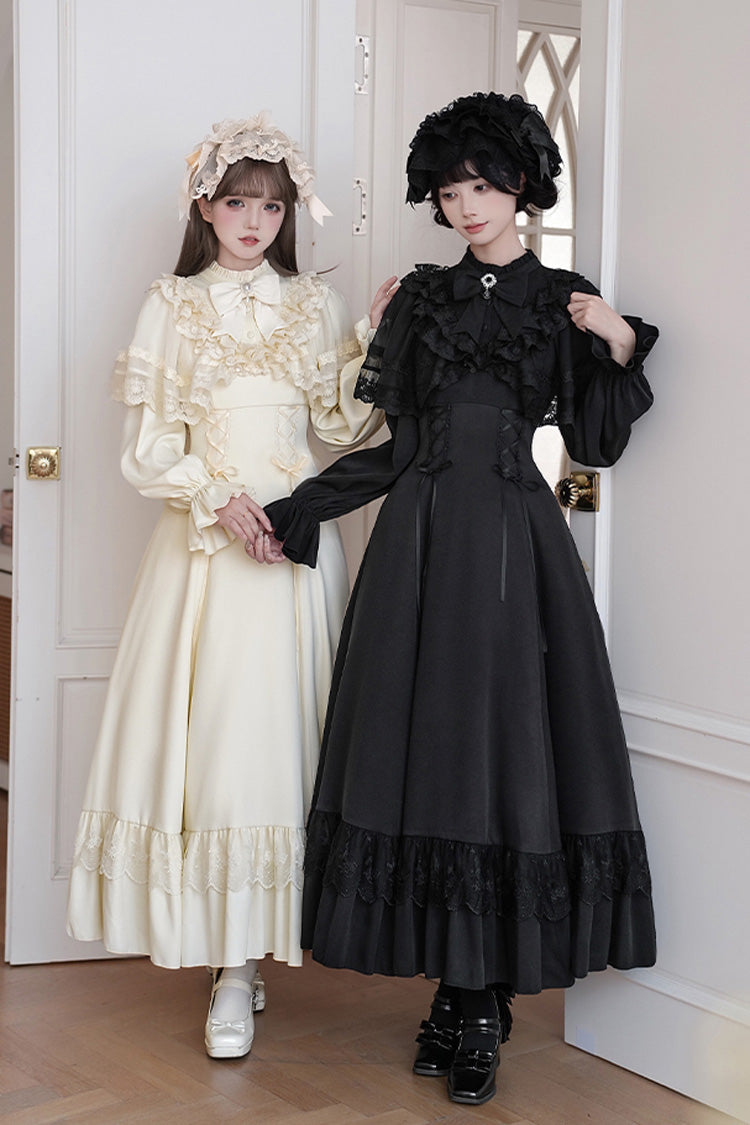 [Letters & Poems · Day and Night] Stand Collar Long Sleeves Ruffle Bowknot Lace-Up Gothic Lolita Dress 2 Colors