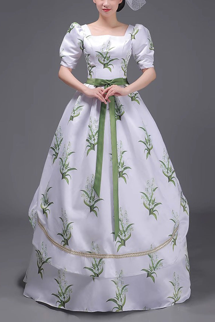 White/Green European Court Short Sleeves Flowers Grass Print Sweet Vintage Victorian Dress