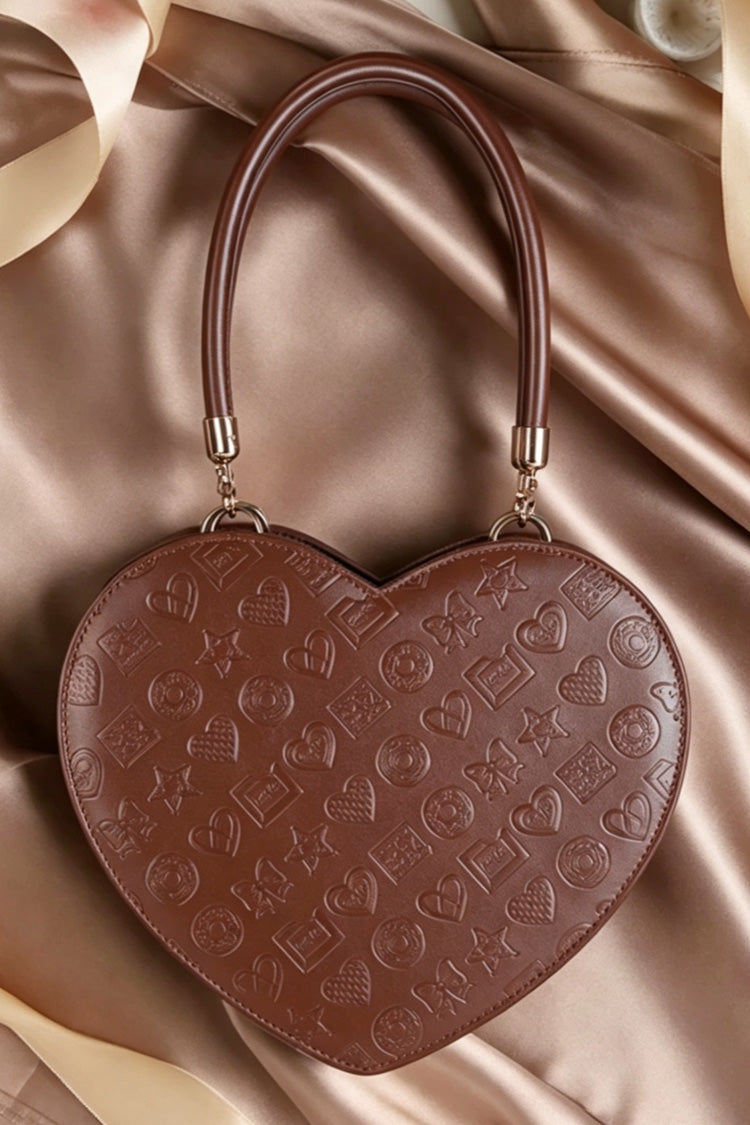 Kaffeefarbene, herzförmige, geprägte Muster-Sweet-Lolita-Handtasche/Umhängetasche