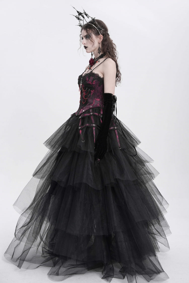 Red Sleeveless Embroidery Lace Chain Women's Gothic Vest
