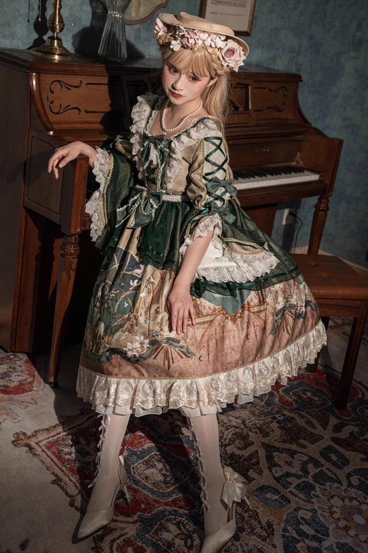 Green Gorgeous Short Sleeves Ruffle Bowknot Print Classic Lolita Dress
