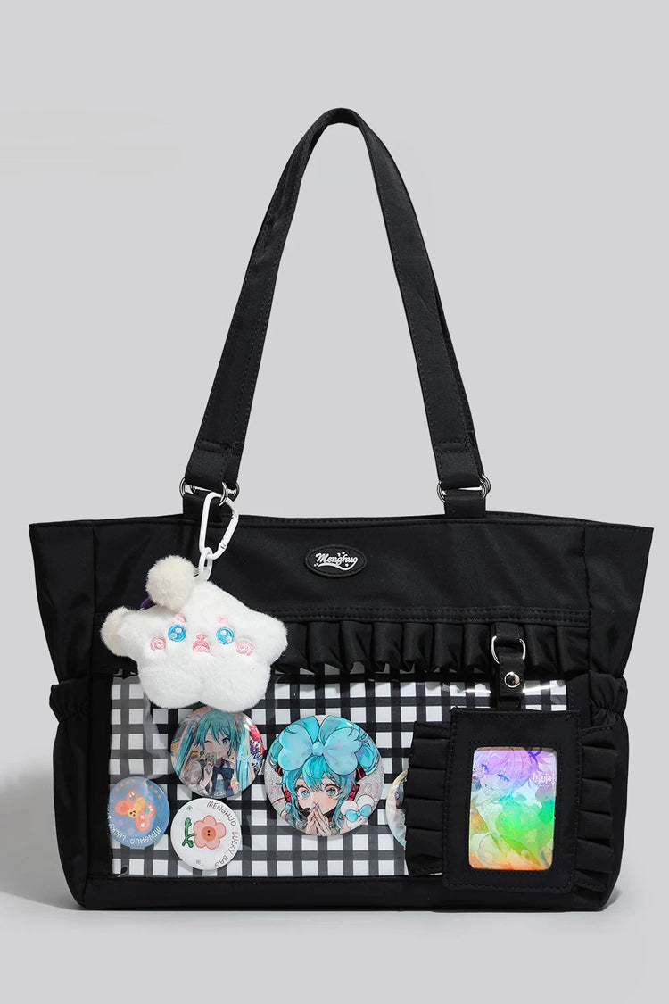Plaid Ruffled Clear Window Card Holder Plush Charm Women's Sweet Lolita Kawaii Ita Bag