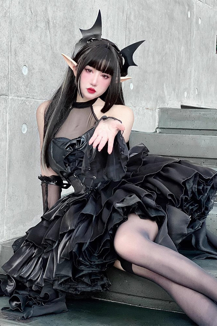 Pure Black Little Devil Sexy Princess Slim Gothic Lolita Strapless Tiered Dress