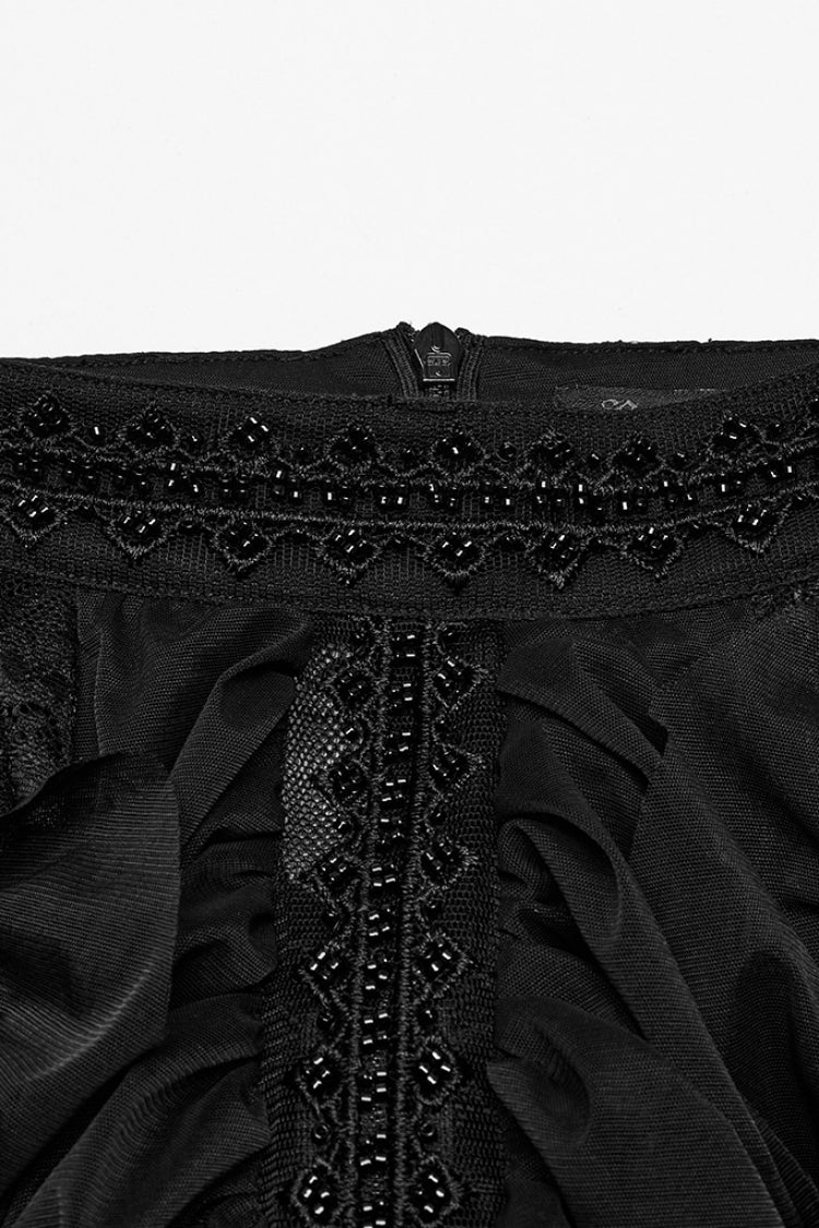 Black Short Sleeves Ruffle Stitching Lace Women's Gothic Layered Ball Gown Dress