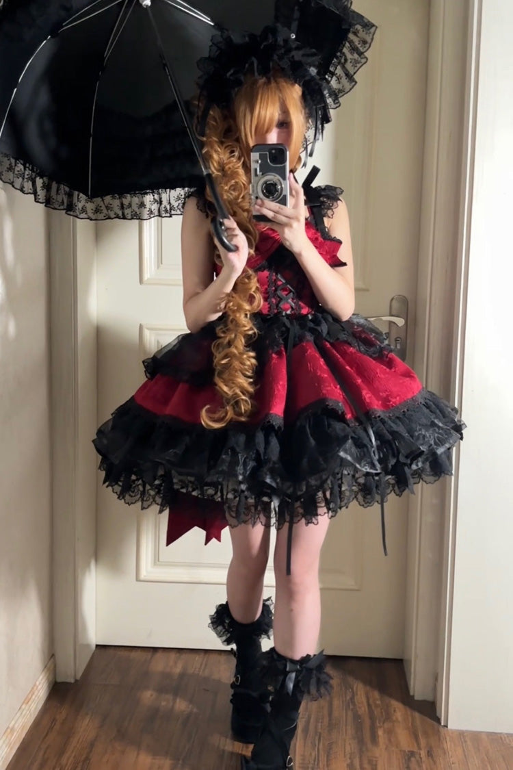 Red [Fleishi Island] Sleeveless Ruffle Bowknot Lace Slim Sweet Ballet Lolita Jsk Dress