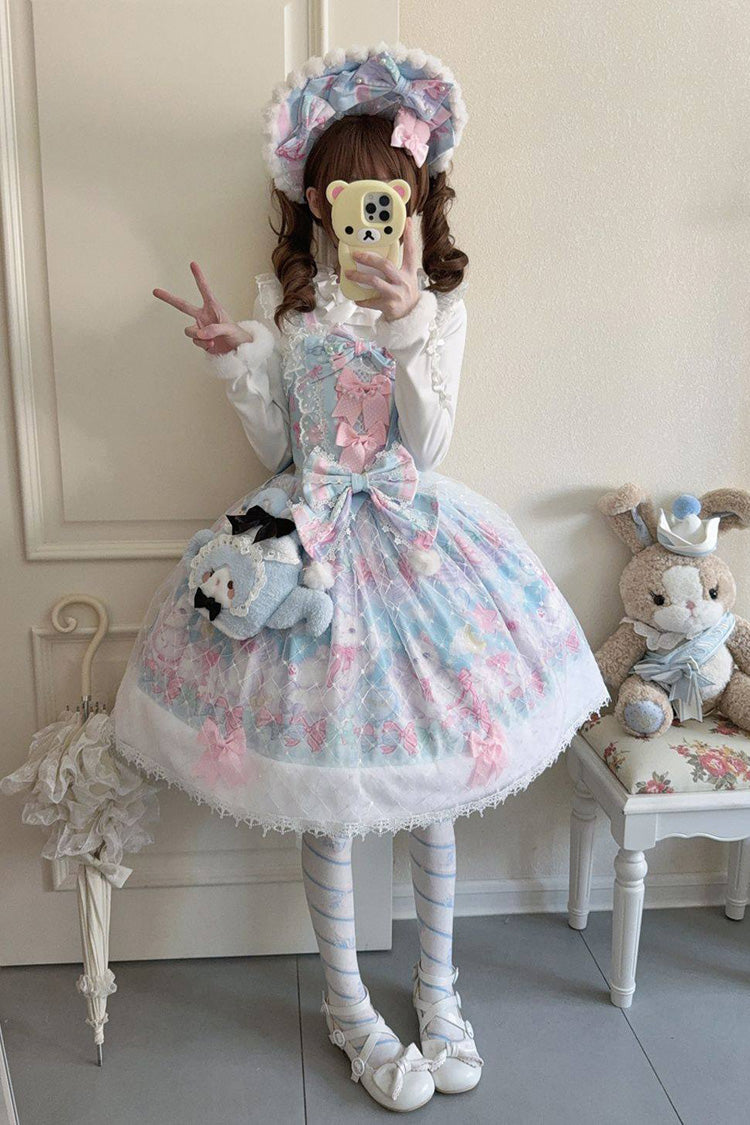 Light Blue [Candy Mary Cat] Printed Ruffled Embroidered Bow Lace Sweet Lolita Jsk Dress
