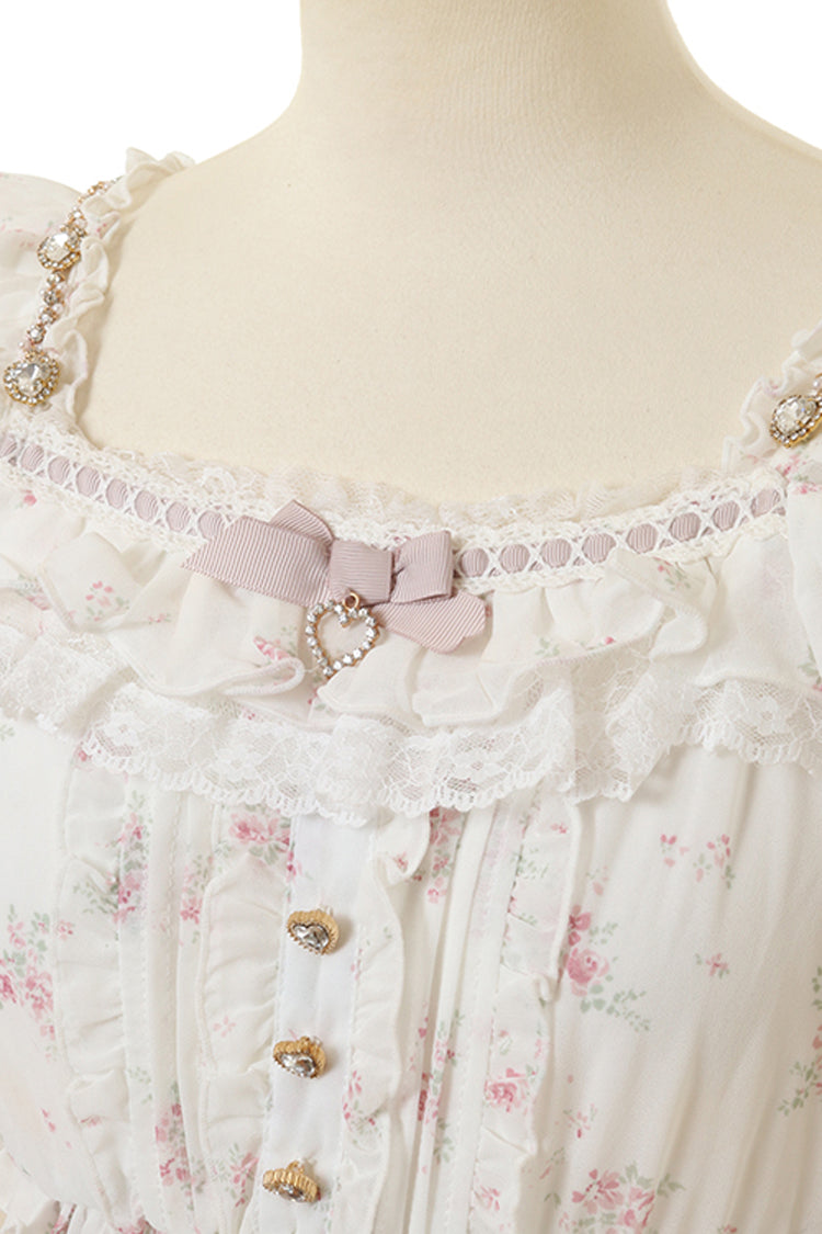 Ivory Off Shoulder Long Sleeves Floral Print Ruffle Bowknot Lace-Up Sweet Jirai Kei Japanese Skirt Set