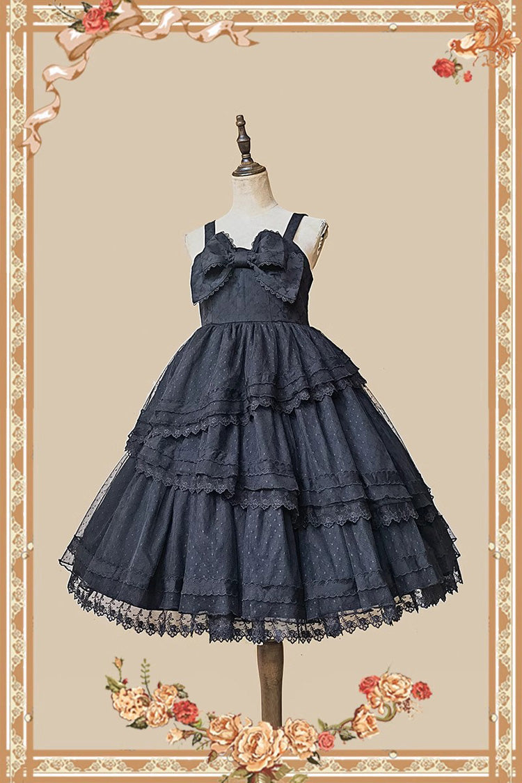 Black Solid Color Tower of Dawn Bowknot Sleeveless Ruffle Gothic Lolita Dress