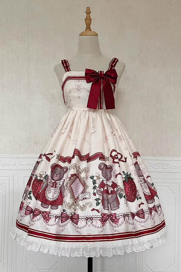 Ivory/Red Strawberry Bear Print Ruffle Bowknot Sweet Princess Lolita Jsk Dress