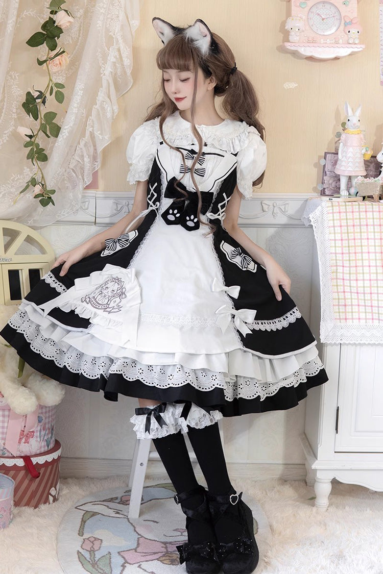 White/Black Cat Print Ruffle Bowknot Maid Sweet Lolita Dress