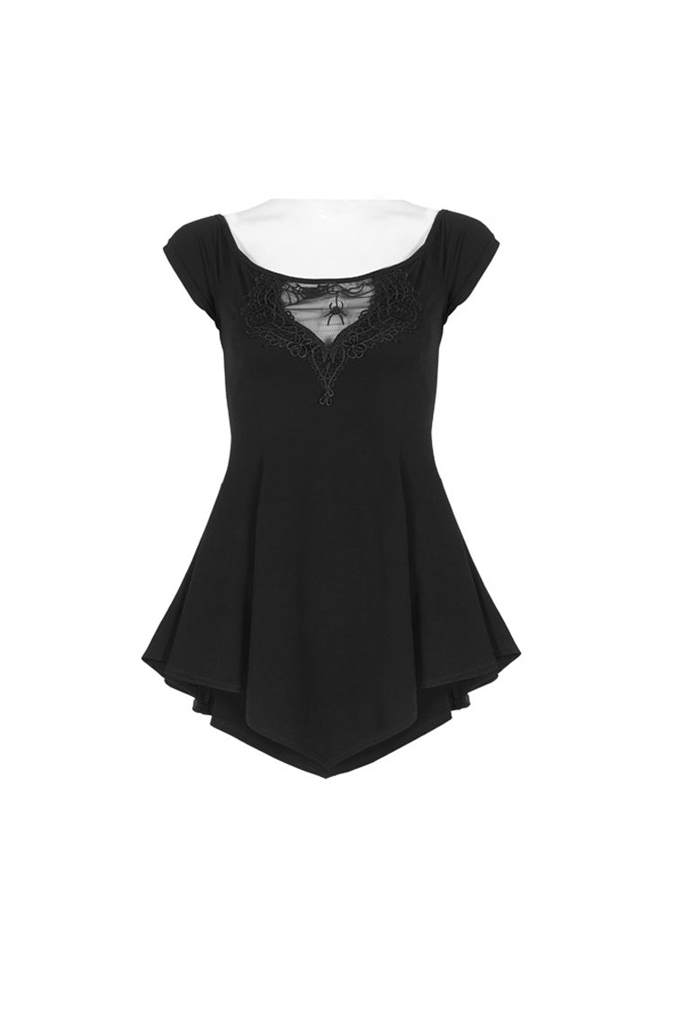 Schwarzes kurzärmliges, orizontales Halsteil, vordere Brustpartie, Spitzenstickerei, Rüschensaum, Gothic-T-Shirt für Damen