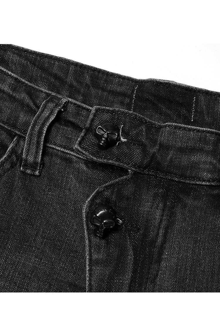 Schwarze, enge, elastische, zerrissene Jeanshose mit asymmetrischer Knopfleiste und mittlerer Taille für Damen im Punk-Stil