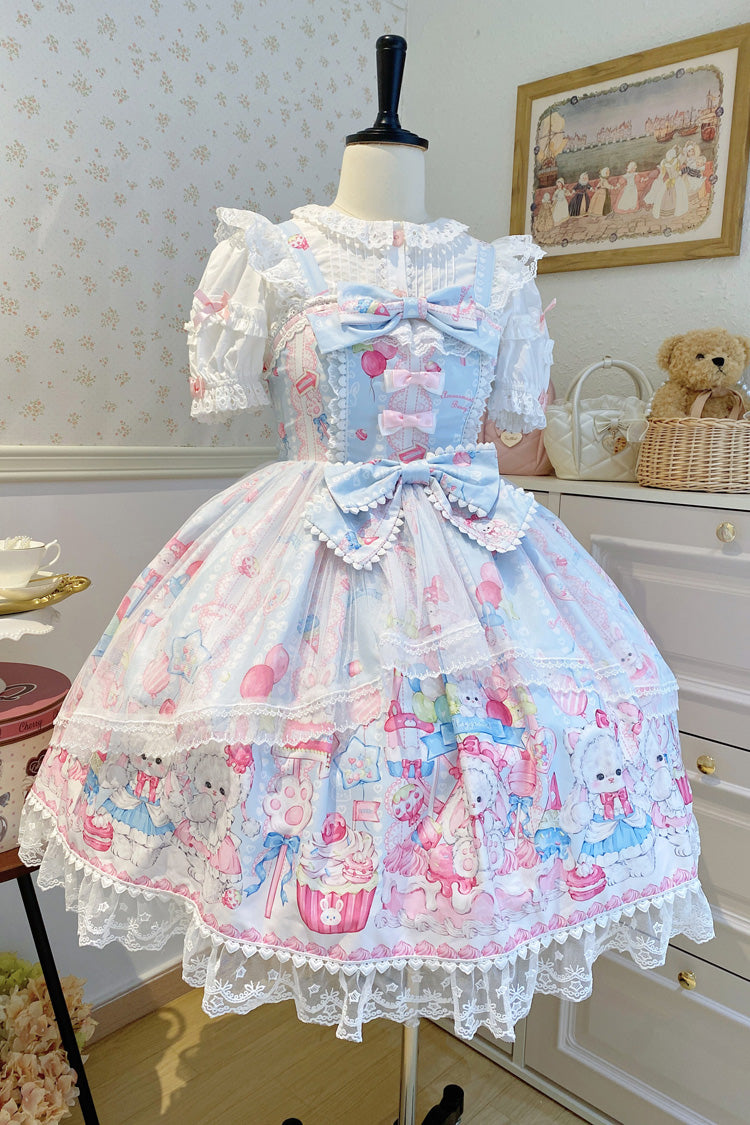 Blue [Cute Rabbit Sweet Cake] Print Ruffle Bowknot Lace Sweet Lolita Jsk Dress