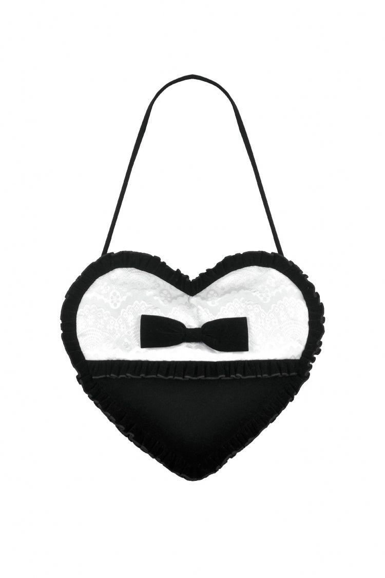 Black/White Women's Lolita Gothic Ruffle Trim Bow Heart Bag