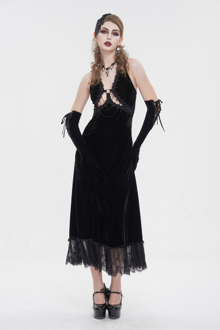 Black Lace Up Lace Hem Slip Long Women's Gothic Dres