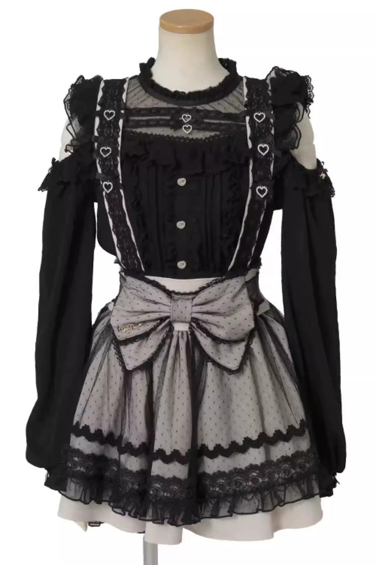 スイートシアーオーバーレイメイドフリルリボンレースアップ自来系和風サスペンダースカート 3色