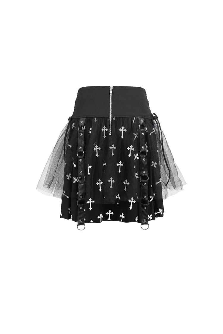 Black/White Knitted Fabric Cross Print Side Waist Straps Detachable Metal Chain Women's Punk Skirt