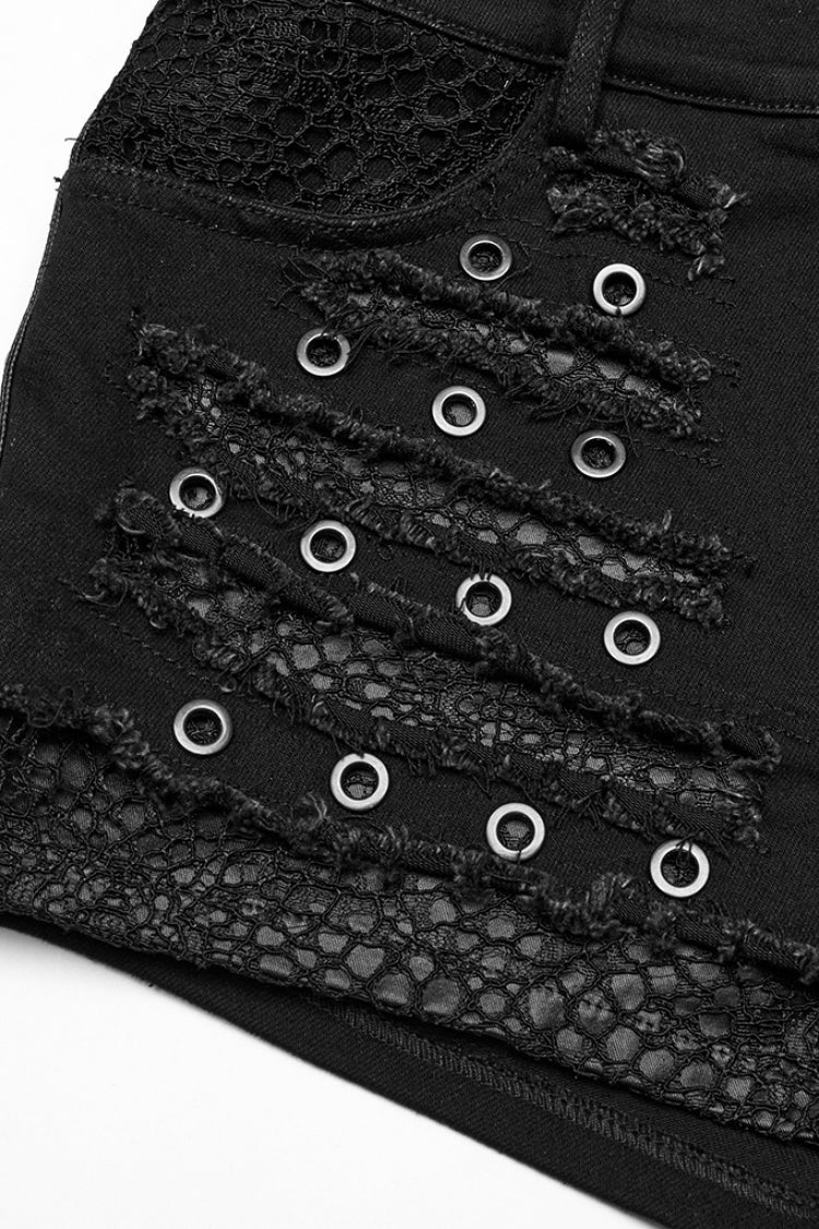 Black Stitching Mesh Distressed Women's Punk Shorts