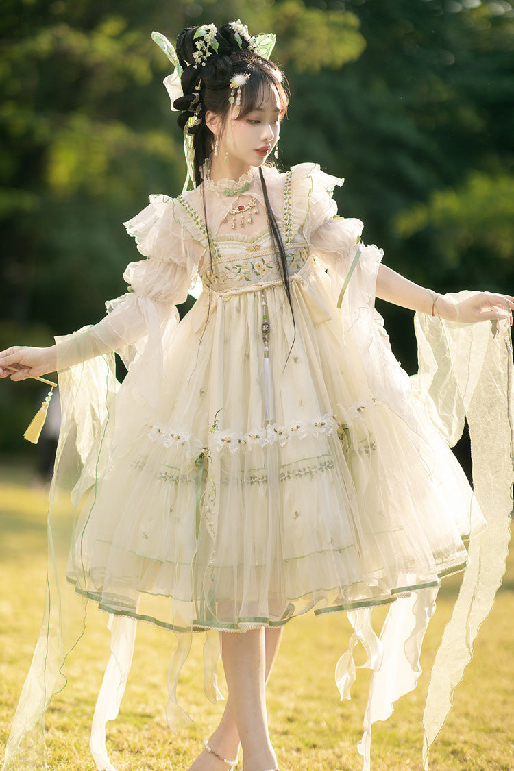 Elfenbein [Luo Ling Fu] Rüschenstickerei Schleifen Lace Süßes Chinesisches Stil Lolita Jsk Kleid 
