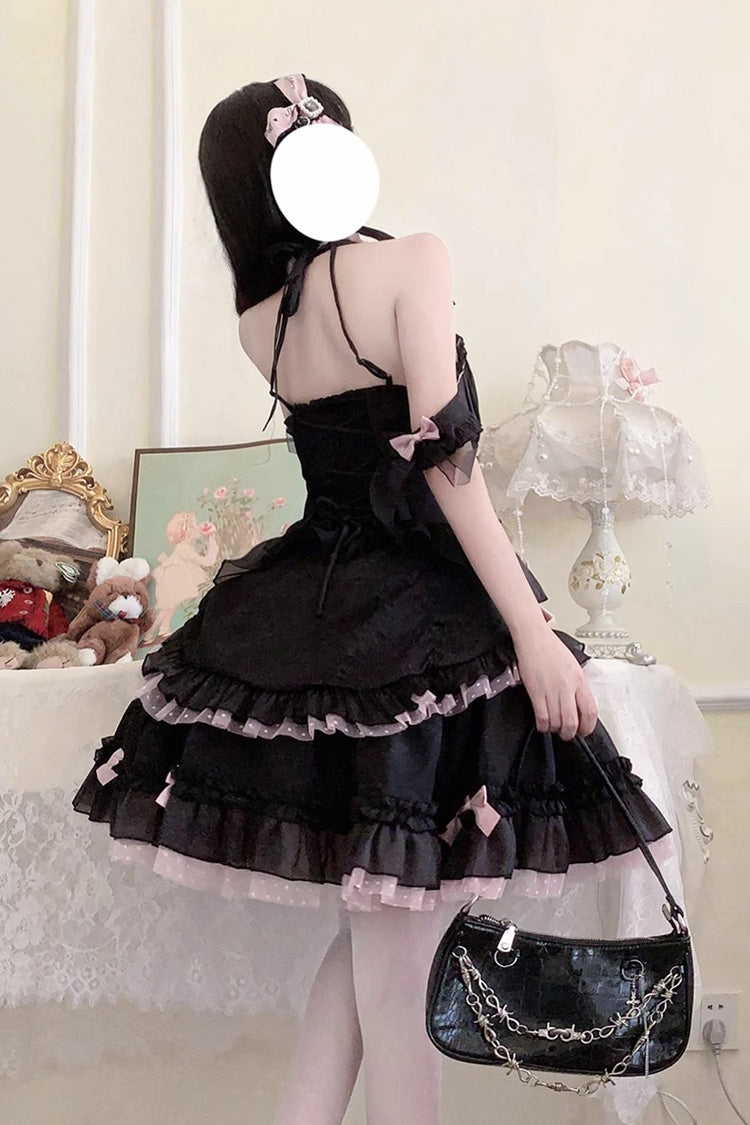 Schwarz/Rosa Gothic Lolita Jsk Kleid mit Schnürung und Rüschen, mehrlagig