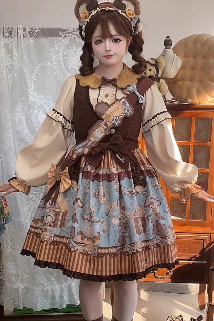 [Bear Cookies] Print Ruffle Bowknot Sweet Lolita JSK Dress 2 Colors