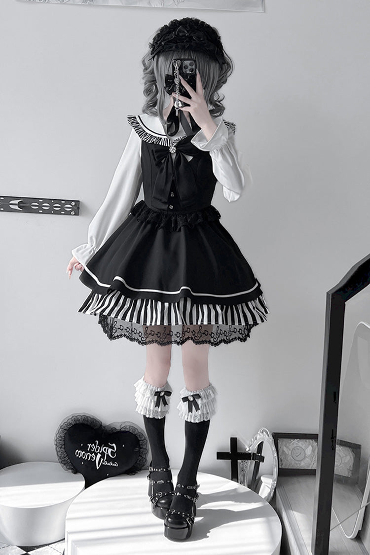 Schwarzes [Twilight Song] Streifenmuster Schleife Spitze Jirai Kei Jumper Kleid 