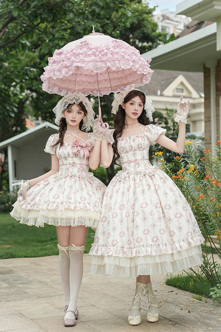 Robe courte Lolita douce à manches courtes ivoire [Rose après la pluie] à imprimé triple couche avec nœud à volants et lacets 